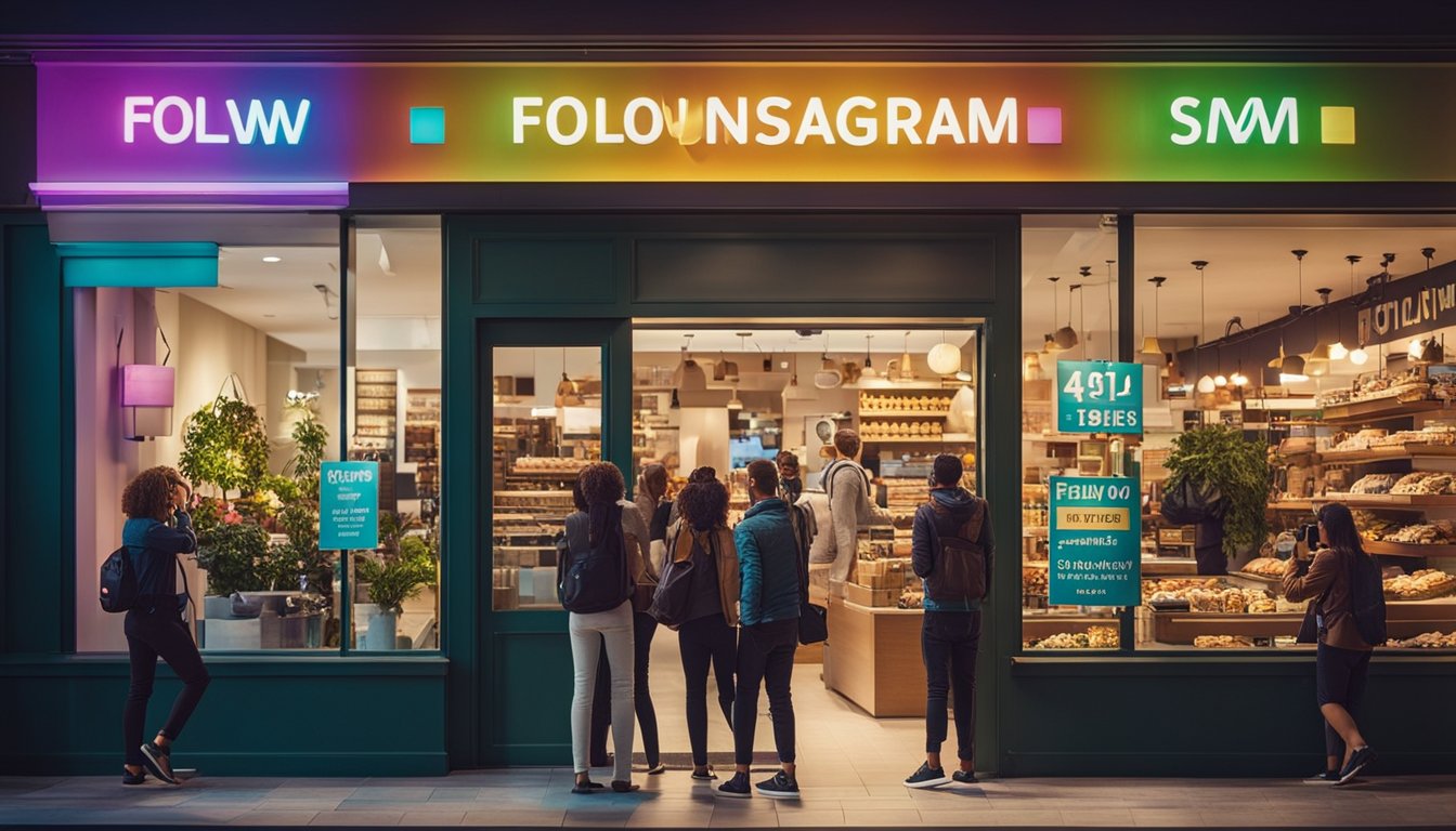 Vitrine colorida com placa 'Siga-nos no Instagram', clientes felizes tirando fotos e compartilhando postagens