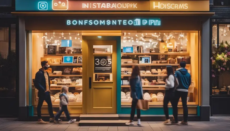 Vitrine com logo vibrante do Instagram, clientes felizes interagindo com postagens e histórias da loja em smartphones