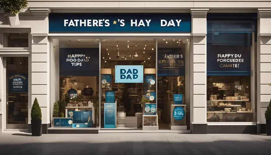 Uma vitrine exibe presentes personalizados para o Dia dos Pais com um banner de 'Campanha do Dia dos Pais'. Dicas de marketing digital são apresentadas em uma tela dentro da loja
