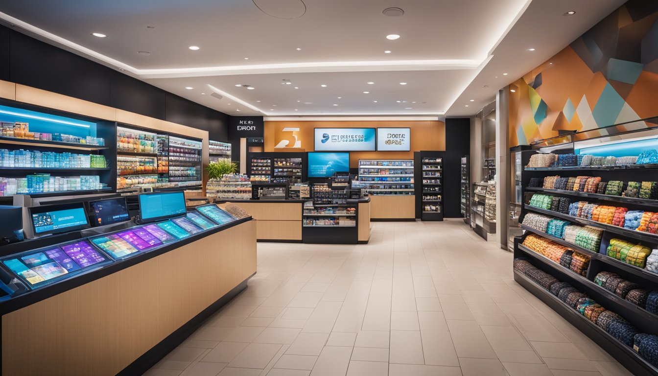 Um interior de loja vibrante com displays digitais, demonstrações interativas de produtos e atendimento personalizado